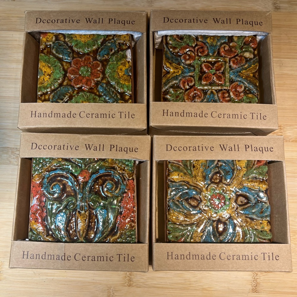 Set of 4 Decorative Coordinating Handmade Ceramic Wall Tiles 4”x4”x .5” In Boxes